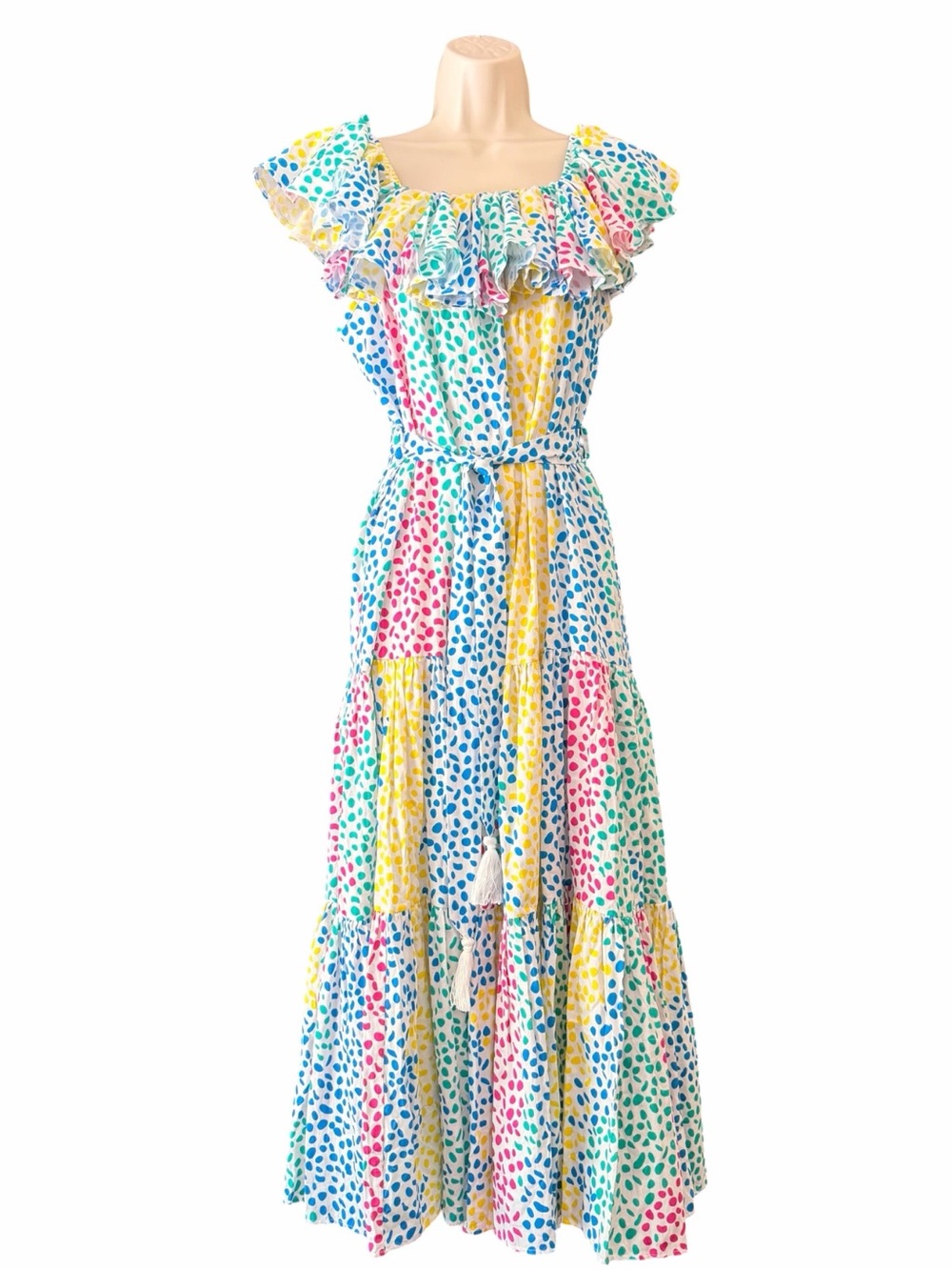 Paolita Off-Shoulder Maxi Dress in Blue, Yellow, Pink & Green Polka Dot Small - Picture 2 of 6
